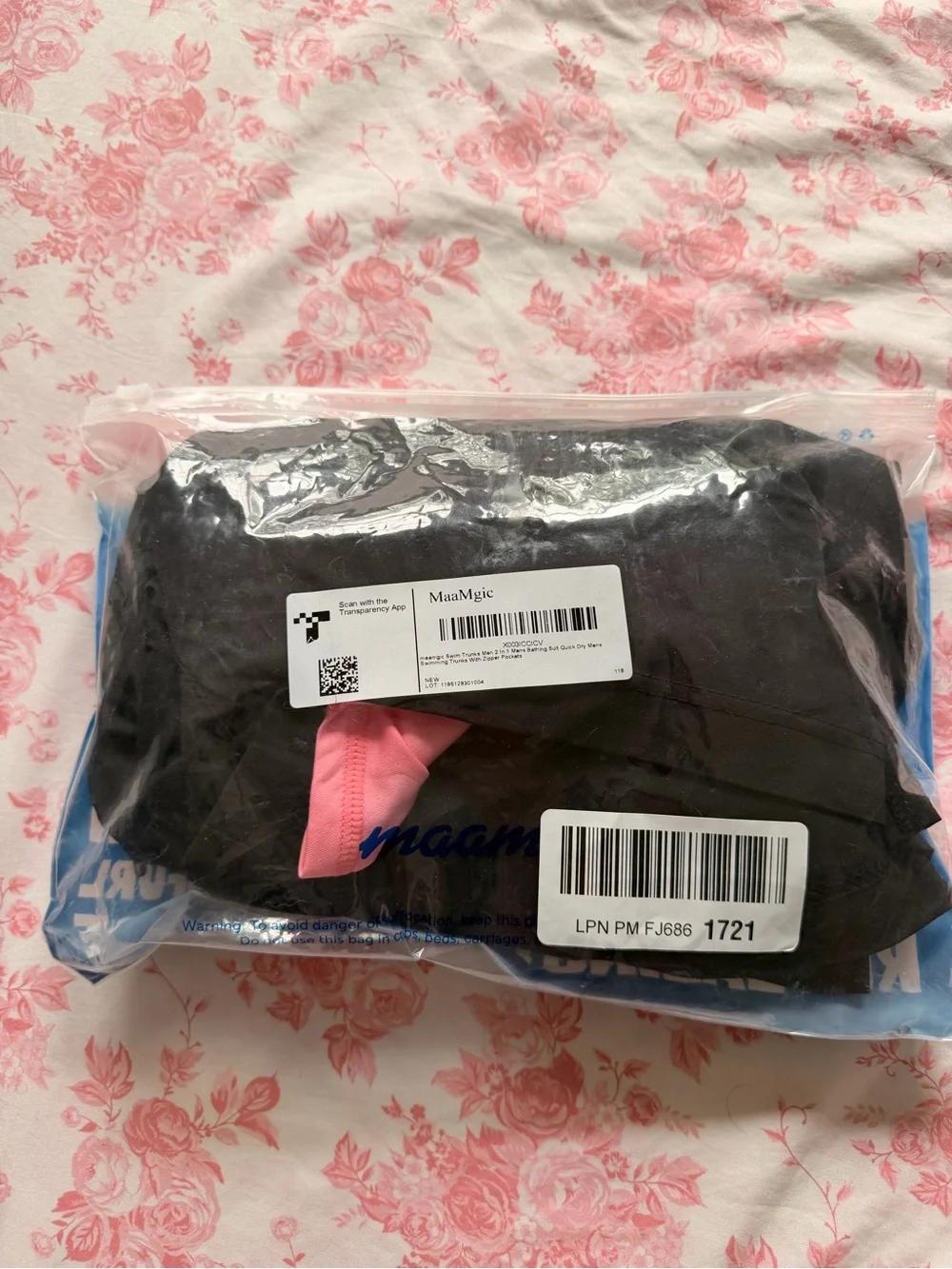 Men's Black Swim Trunks with Pink Drawcord